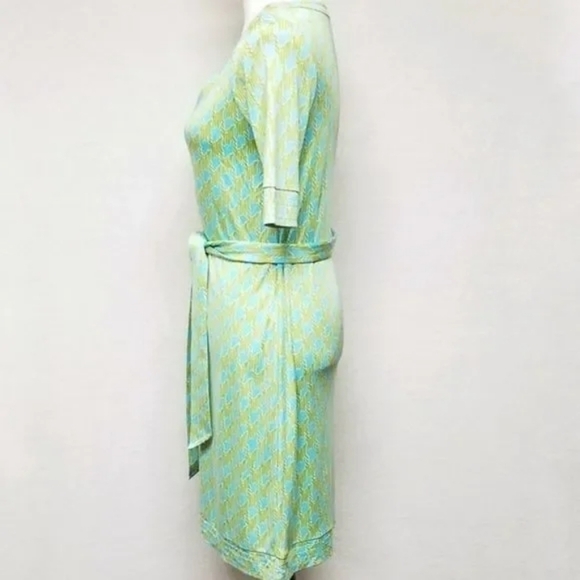Rare Lilly Pulitzer Stretchy Silk Green Blue Houndstooth V-neck Belted Dress 4 - Picture 7 of 11